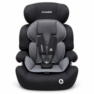 Siège auto monbébé noir et gris vu de face : appuie-tête rembourré, harnais 5 points à coussinets et réducteur d'assise