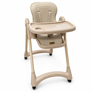 Chaise haute MonBébé beige vue de face : assise capitonnée sable, large plateau et châssis pliant