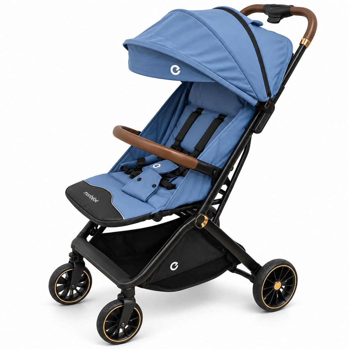 Poussette compacte monbébé bleue, arceau et poignée simili cuir caramel, jantes à liseré doré