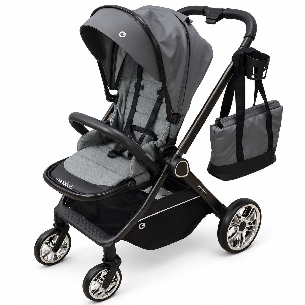 Poussette monbébé Premium grise à châssis anthracite et finitions rose gold, avec sac à langer assorti et porte-gobelet