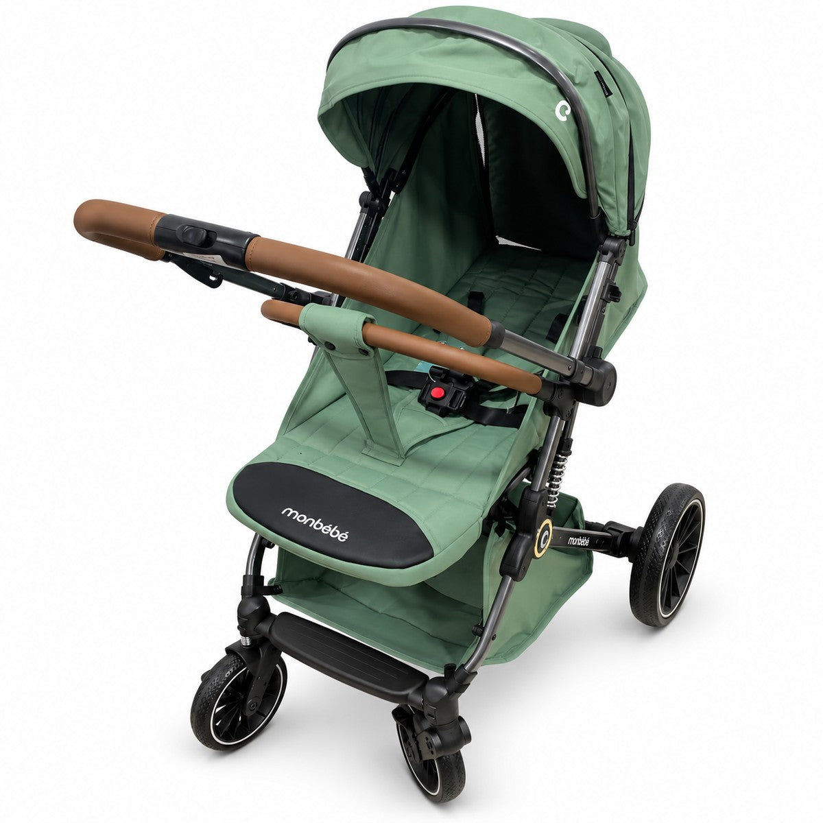 Poussette monbébé vert sauge à châssis graphite, poignée et arceau simili cuir caramel