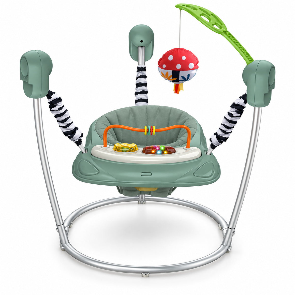 Sauteur bébé MonBébé vert sauge avec siège pivotant, plateau d'activités et arche à champignon