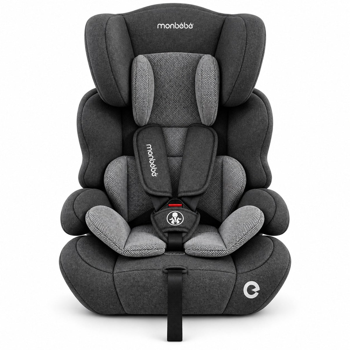 Siège auto monbébé anthracite vu de face : harnais 5 points, plastron rembourré et réducteurs gris