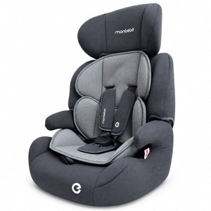 Siège auto monbébé gris anthracite de trois quarts : dossier haut, ailes latérales profondes et assise rehausseur