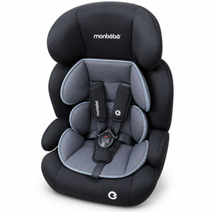 Siège auto monbébé noir et gris vu de face, harnais 5 points et appuie-tête