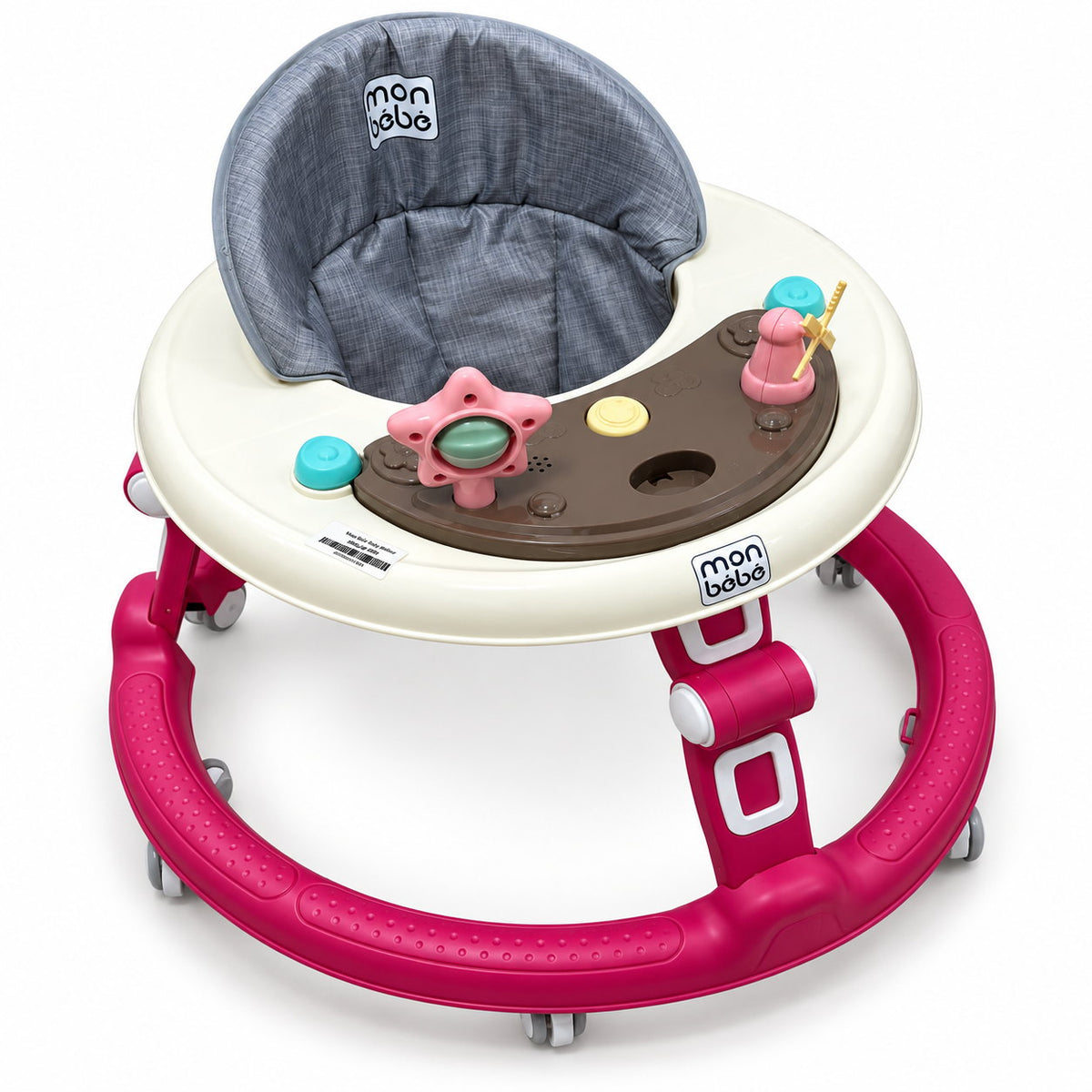 Trotteur bébé monbébé magenta et crème avec plateau d'éveil, siège gris matelassé à dossier haut