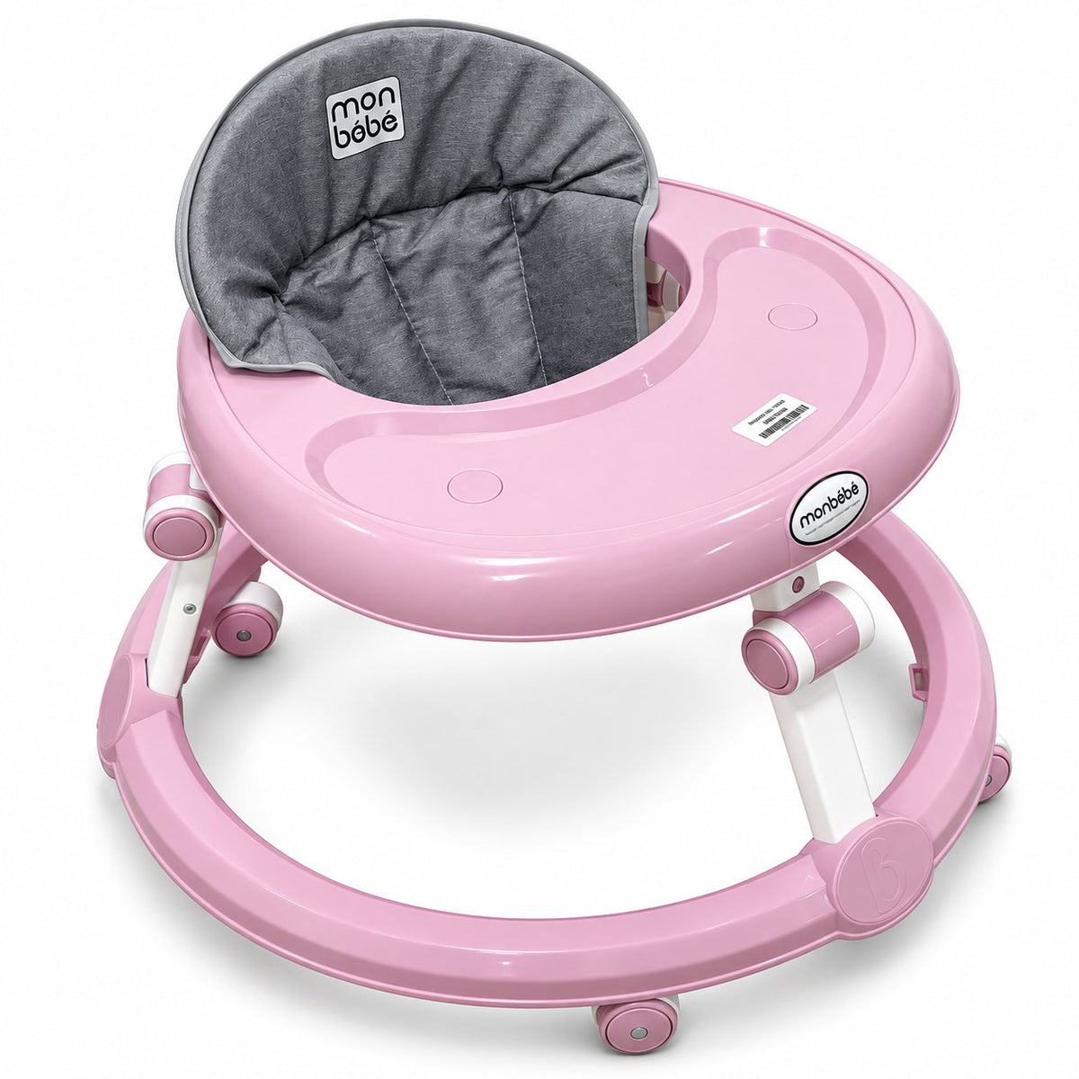 Trotteur bébé monbébé rose à plateau lisse, siège gris matelassé à dossier haut