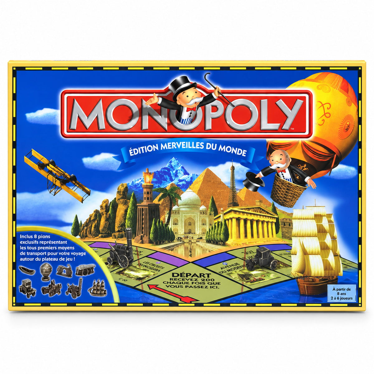 Boîte Monopoly Édition Merveilles du Monde en français, 8 pions exclusifs, dès 8 ans