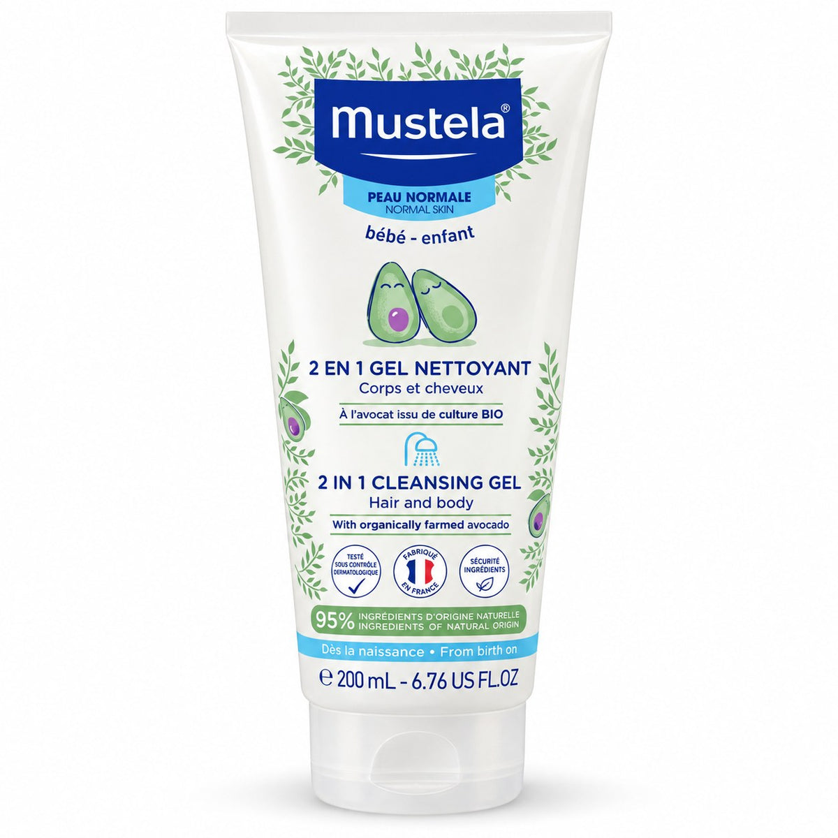 Tube Mustela 2 en 1 Gel Nettoyant 200 ml corps et cheveux à l'avocat BIO, peau normale, dès la naissance