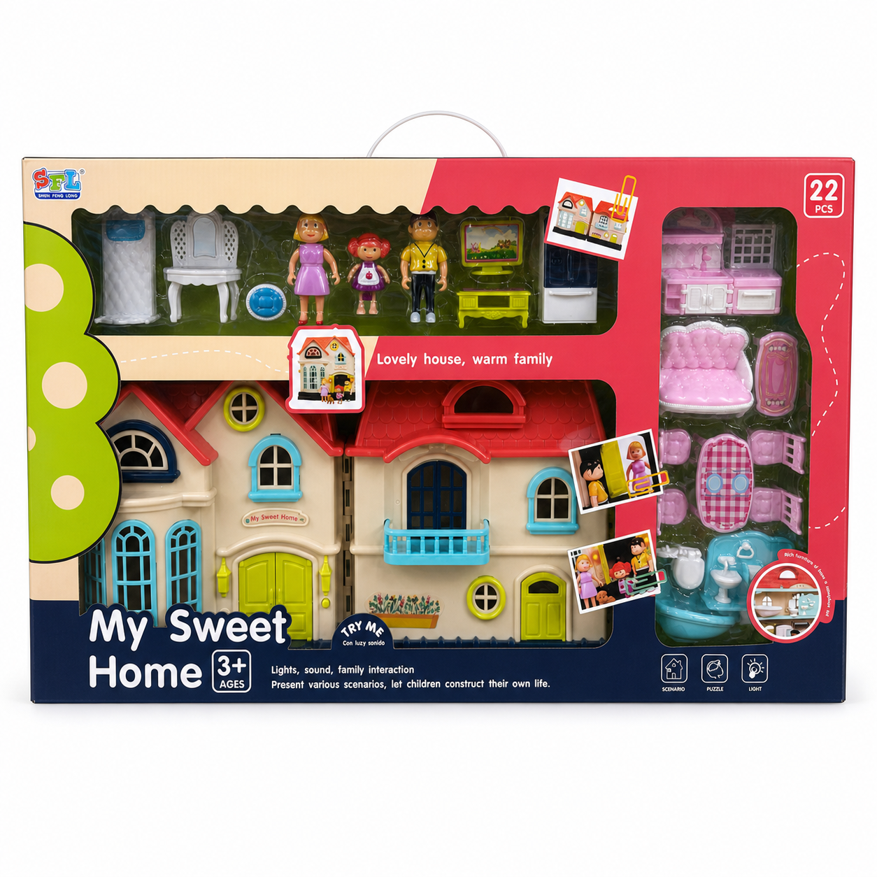 Coffret My Sweet Home : maison de poupée 22 pièces avec lumières, sons, 3 figurines et mobilier, dès 3 ans