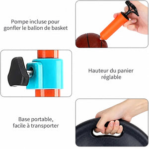 Fonctions du panier de basket : pompe incluse pour gonfler le ballon, hauteur réglable par molette et socle portable à poignée