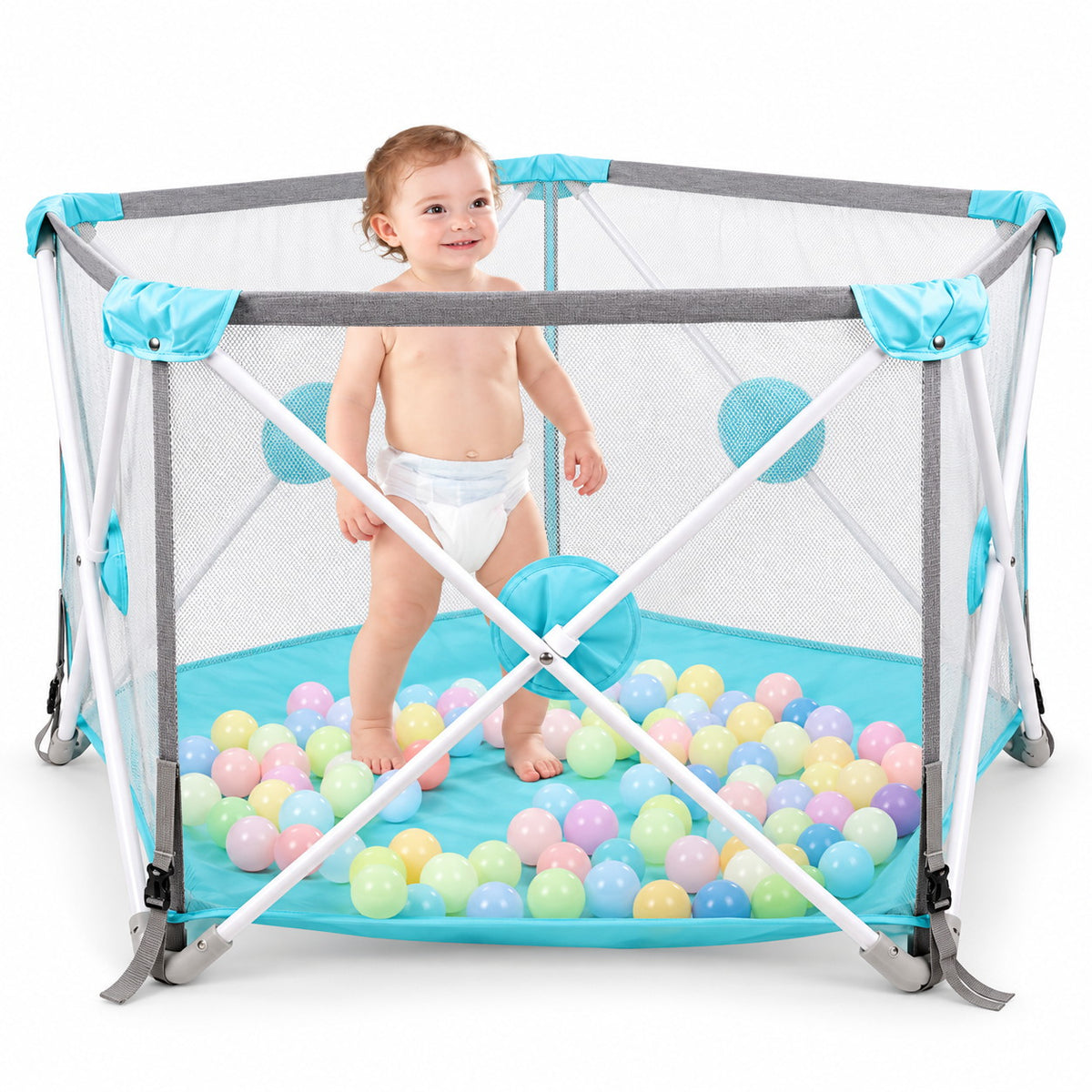 Parc bébé pliable hexagonal à 6 panneaux en filet, tapis de sol matelassé turquoise et bébé debout à l'intérieur