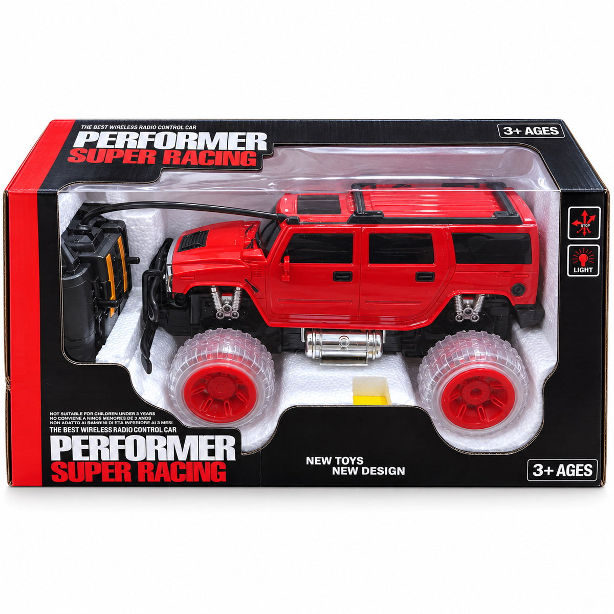 4x4 radiocommandé Performer Super Racing rouge dans sa boîte avec télécommande