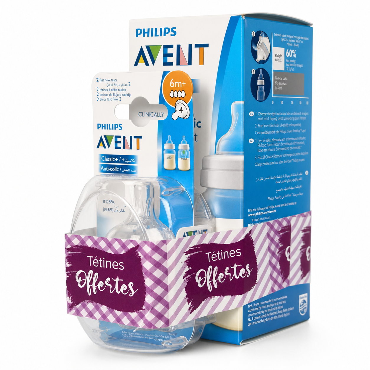 Biberon anti-colique Philips Avent Classic+ avec 2 tétines débit rapide offertes