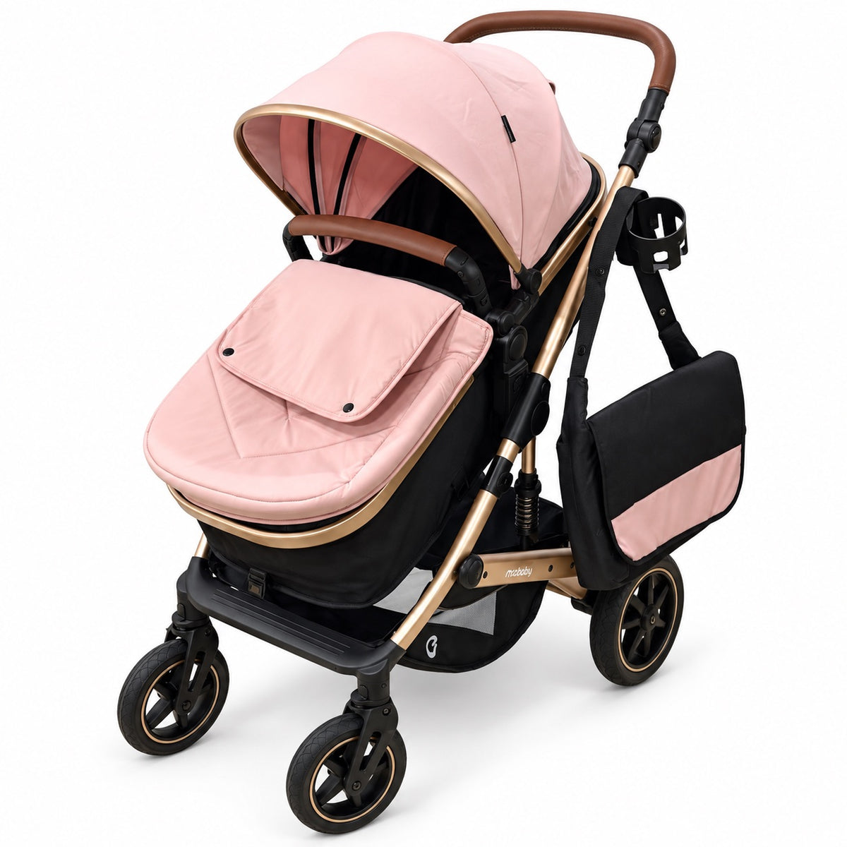 Poussette landau rose et or à châssis doré, nacelle à couvre-pieds, sac à langer et porte-gobelet inclus
