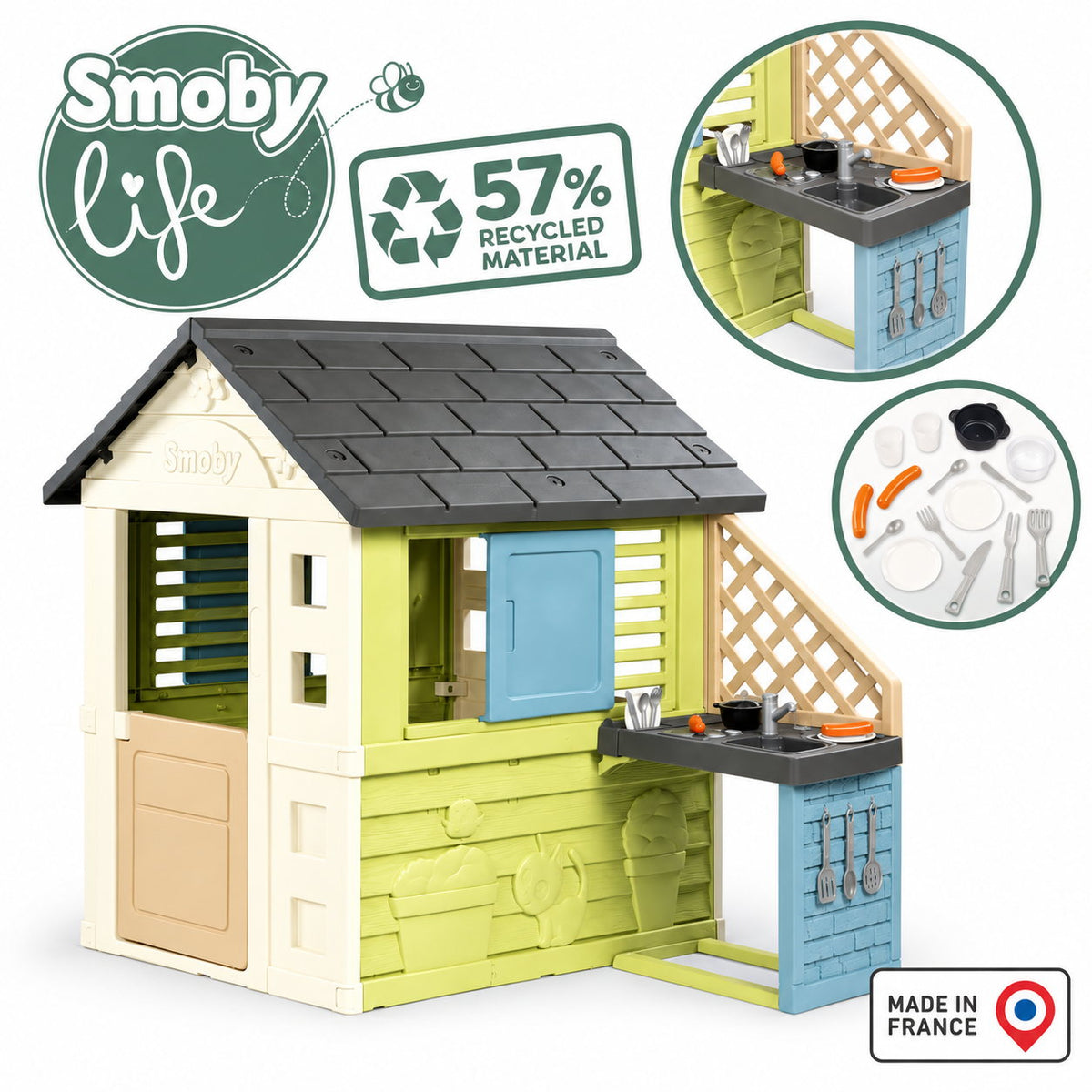 Caractéristiques Smoby Life : 57 % de matière recyclée, fabriqué en France, cuisine d'été et accessoires inclus