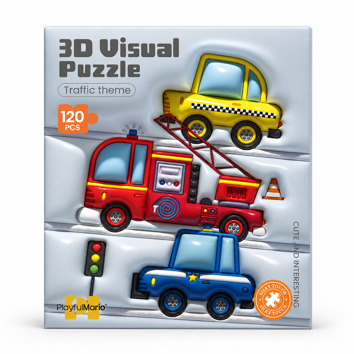 Puzzle 3D Visual thème véhicules 120 pièces PlayfulMario avec camion de pompiers, taxi et voiture de police en relief