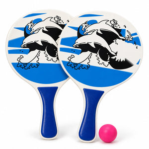 Raquettes de plage en bois décor dauphins avec poignée bleue et balle rose