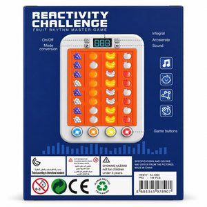 Dos de la boîte Reactivity Challenge avec le détail des commandes : marche/arrêt, mode, accélération, son et touches de jeu