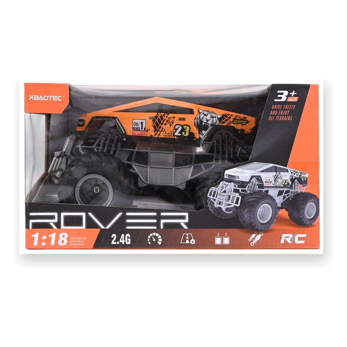 Monster truck radiocommandé XBAOTEC Rover orange 1:18 dans sa boîte