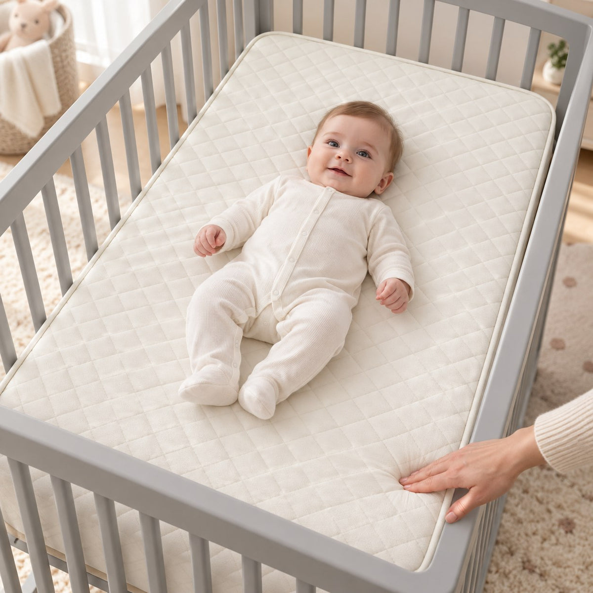 Matelas Samod Luna Baby Confort installé dans un lit à barreaux gris avec un bébé allongé dessus