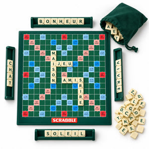 Plateau Scrabble Classique avec 4 chevalets, jetons-lettres et sac de rangement