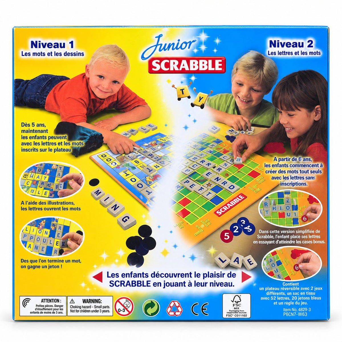 Dos de la boîte Scrabble Junior : niveau 1 les mots et les dessins dès 5 ans, niveau 2 les lettres et les mots dès 6 ans, et contenu du jeu