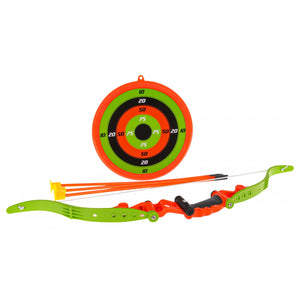 Set de tir à l'arc enfant : arc vert et orange, 3 flèches à ventouse et cible à points