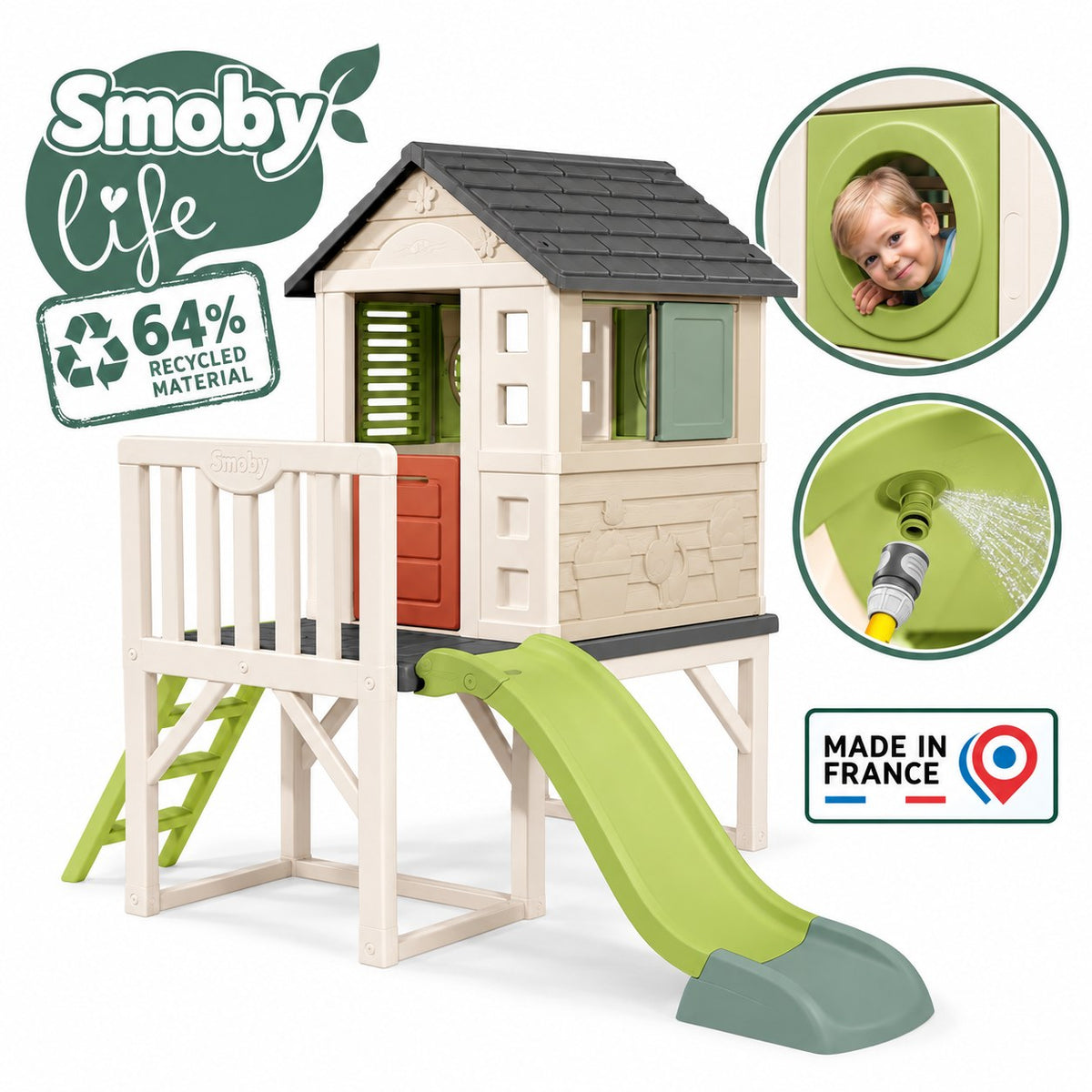 Caractéristiques Smoby Life : 64 % de matière recyclée, fabriqué en France, fenêtre ronde et raccord pour tuyau d'arrosage
