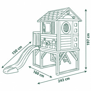 Schéma des dimensions de la Maison Pilotis Smoby : 243 × 160 × 197 cm, toboggan 150 cm