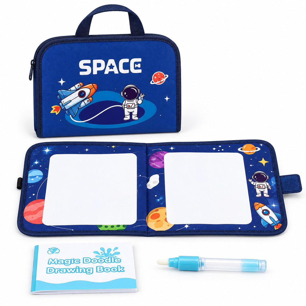 Tapis de dessin à l'eau motif Space fermé avec sa poignée, ouvert en deux pages, avec stylo à eau et carnet Magic Doodle