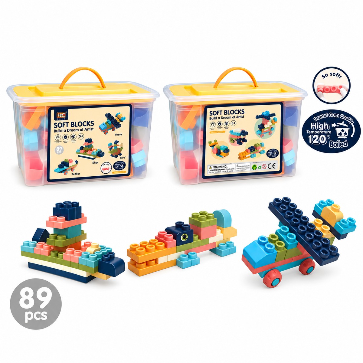 Bac Soft Blocks vu de face et de dos avec trois exemples de constructions : bateau, crocodile et avion