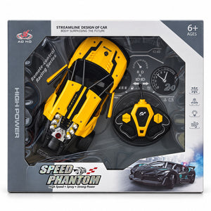 Voiture de course radiocommandée Speed Phantom jaune avec télécommande volant, dans sa boîte