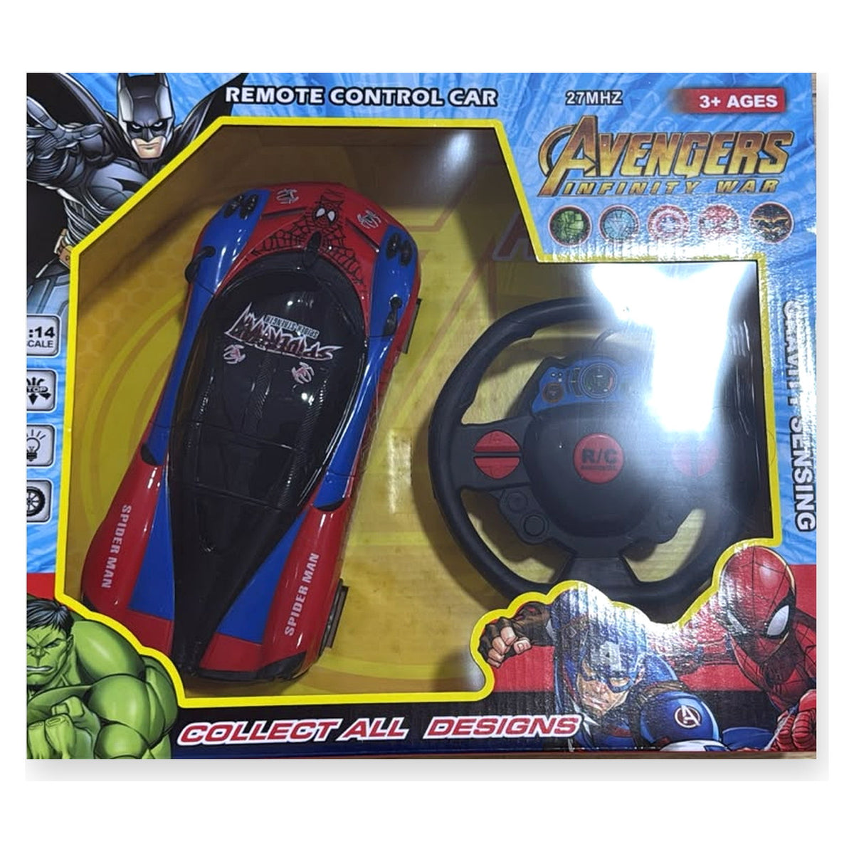 Voiture radiocommandée Spider-Man 1:14 dans sa boîte avec télécommande volant