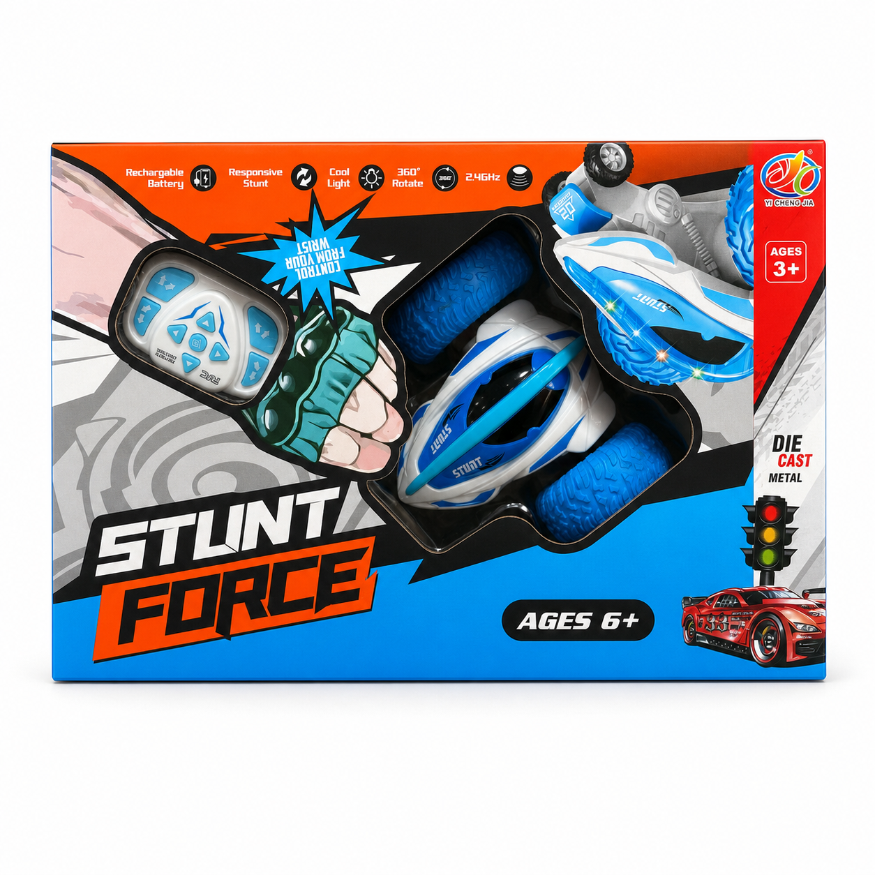 Boîte Stunt Force : voiture cascadeuse bleue télécommandée au poignet, châssis métal et rotation 360°, dès 6 ans