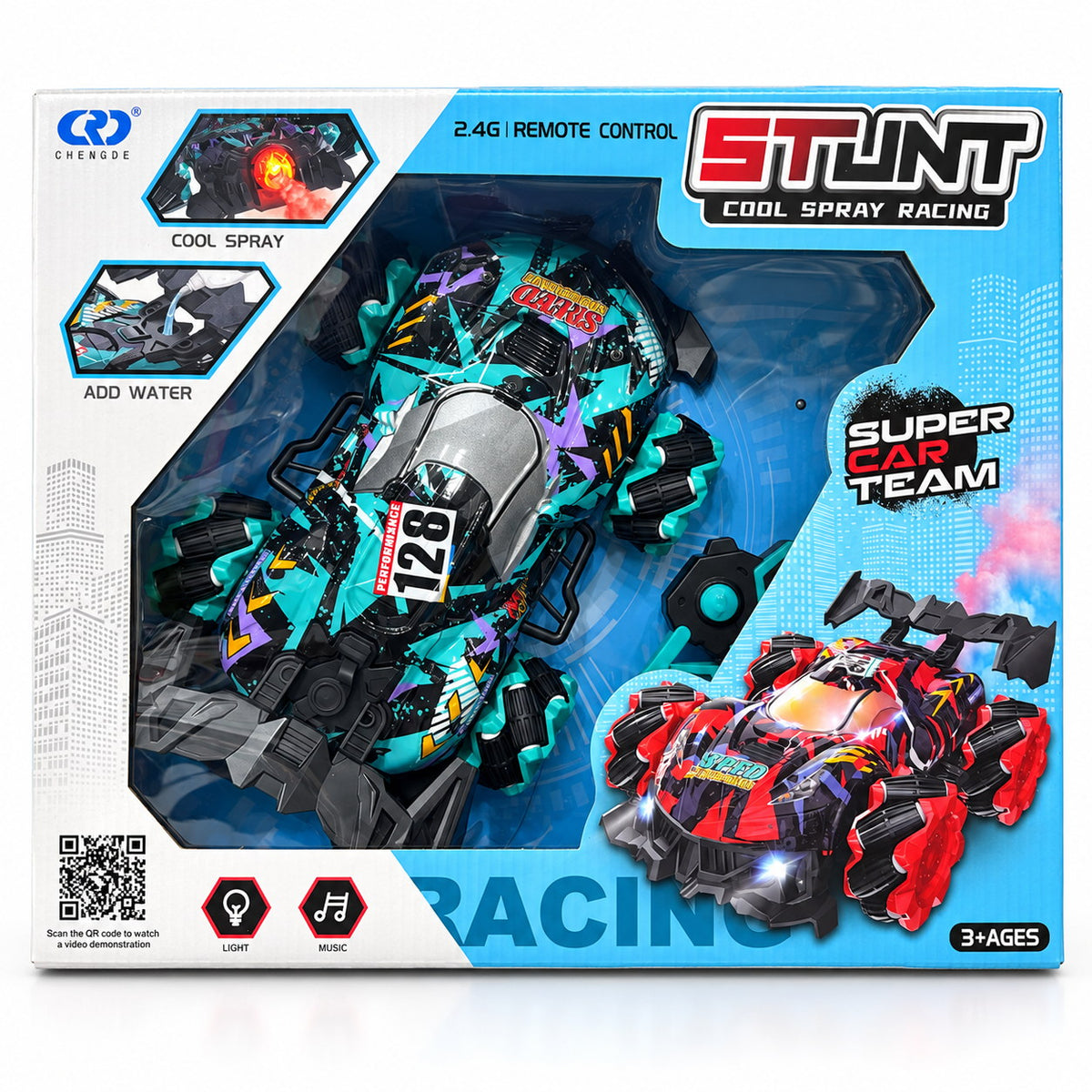 Voiture radiocommandée Stunt Cool Spray Racing turquoise dans sa boîte avec télécommande