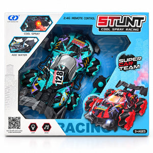 Voiture radiocommandée Stunt Cool Spray Racing turquoise dans sa boîte avec télécommande