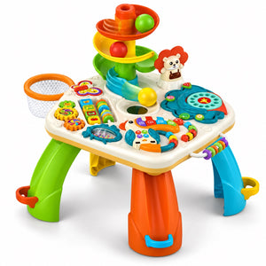 Table d'activités HUANGER avec tour à balles en spirale, panier de basket, piano et téléphone à cadran