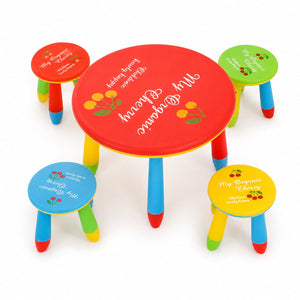 Table ronde enfant rouge avec 4 tabourets colorés My Organic Cherry