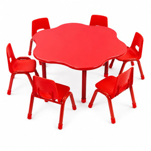 Mise en situation : table fleur rouge entourée de six chaises enfant — chaises non incluses, table vendue seule