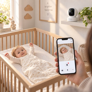 Tapo C212 installée sur une étagère dans une chambre de bébé, vidéo du berceau en direct sur smartphone