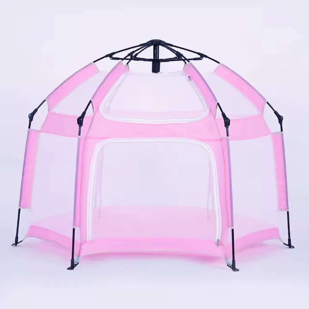 Tente et parc de jeux pop-up hexagonale rose avec parois en filet et porte zippée