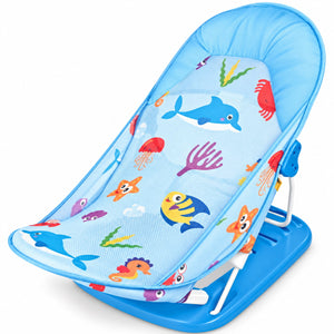 Transat de bain TiiBaby bleu avec filet à motifs marins et dossier inclinable sur base pliante
