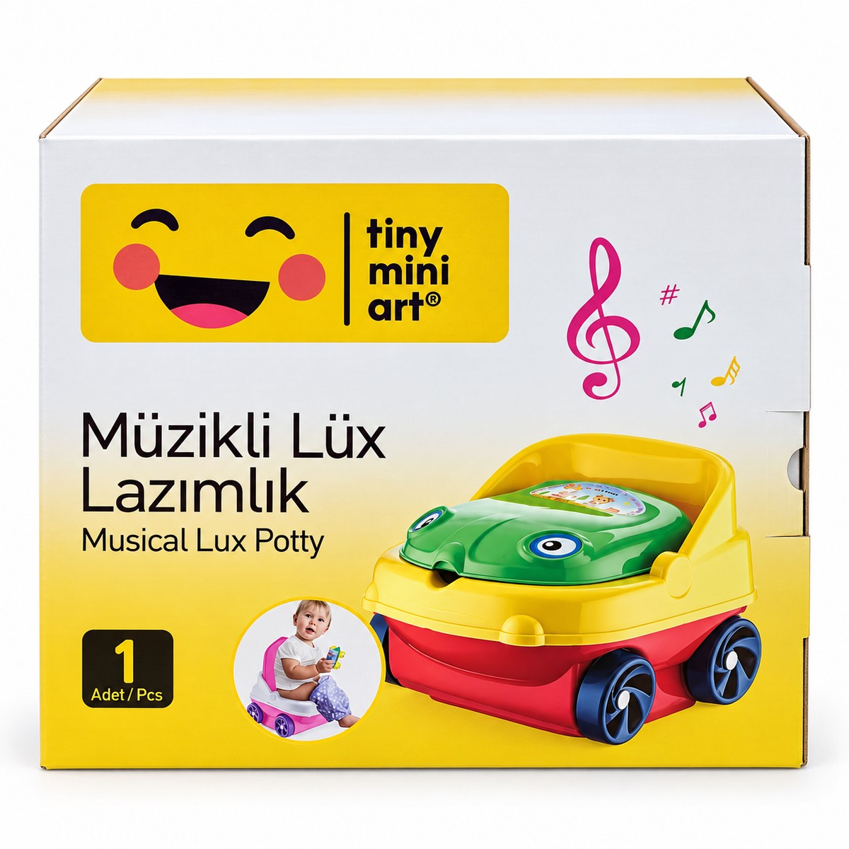 Pot bébé musical tiny mini art en forme de voiture verte, jaune et rouge, dans son emballage