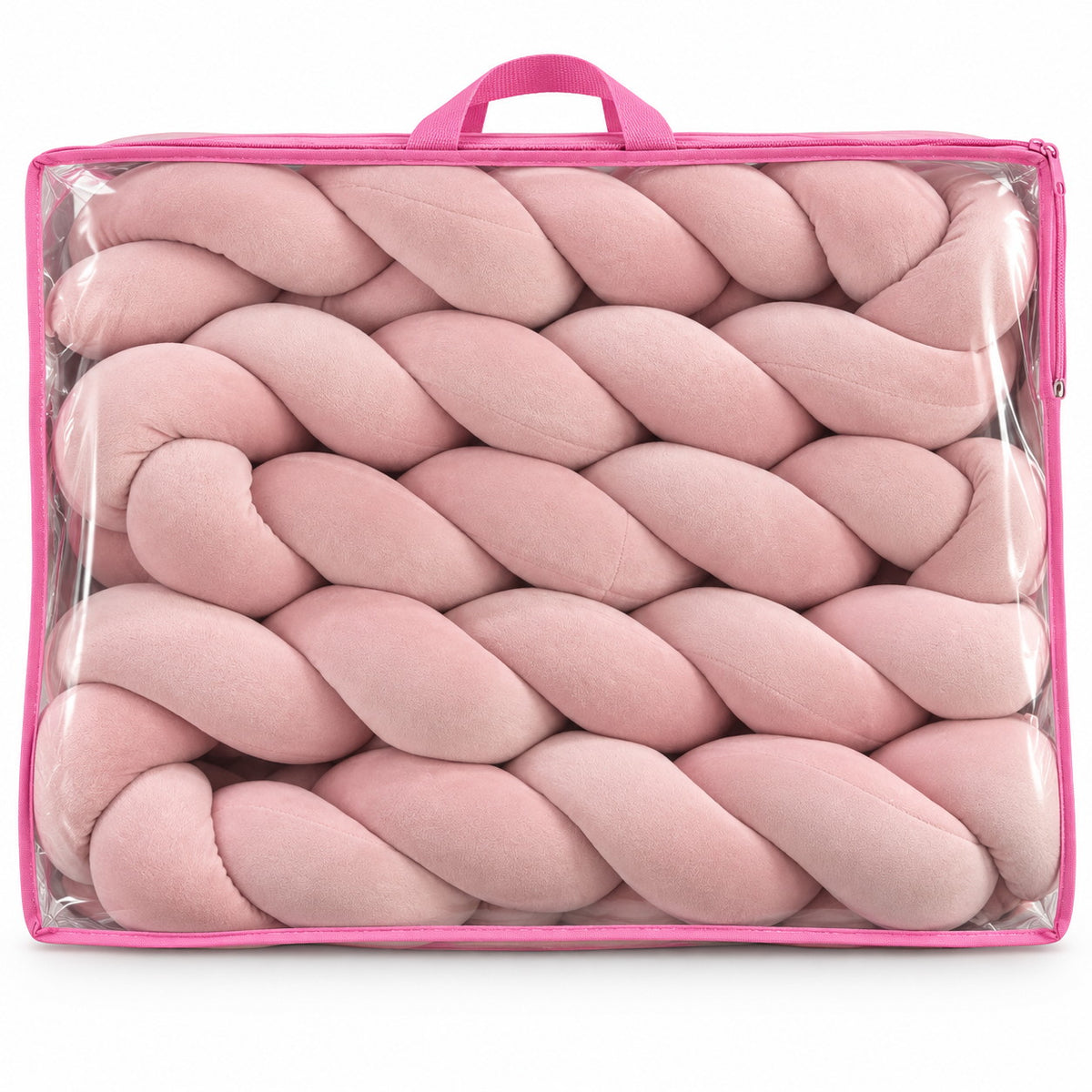 Tour de lit tressé rose poudré dans sa housse de rangement zippée à poignée