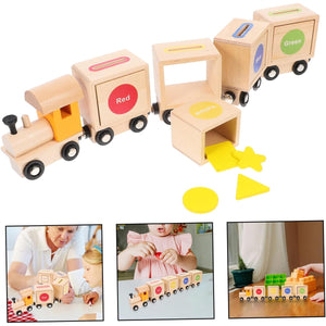 Locomotive et 4 wagons du train en bois Montessori avec jetons de formes et wagon ouvert