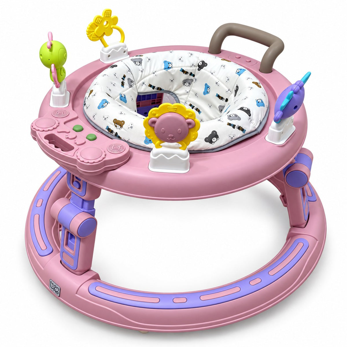 Trotteur bébé rose et violet vu de trois quarts : siège matelassé motif oursons, 4 jouets amovibles et panneau d'éveil latéral
