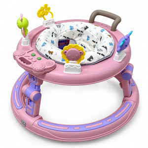 Trotteur bébé rose et violet vu de trois quarts : siège matelassé motif oursons, 4 jouets amovibles et panneau d'éveil latéral