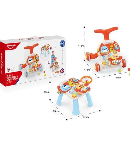 HUANGER 2 en 1 Walker & Active Table orange : mode trotteur et mode table avec leurs dimensions