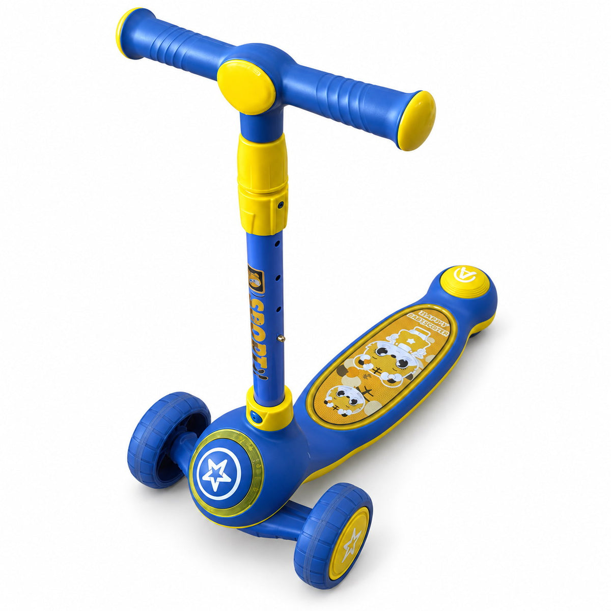Trottinette 3 roues pour tout-petits bleu et jaune Happy Baby Scooter, guidon réglable et plateau à personnages